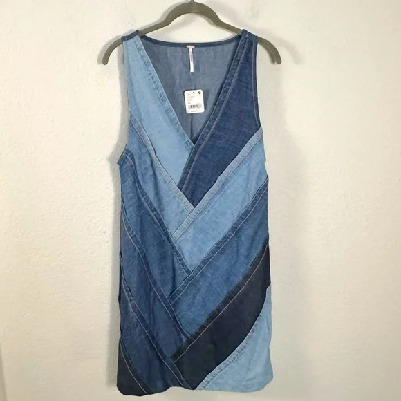 Free People Bohemian 70s Patches Of Denim Mini Dress XS NWT Patchwork Fall Retro - Picture 11 of 16